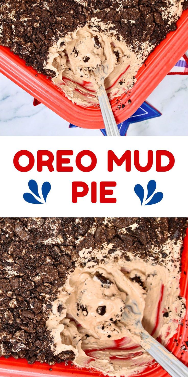 an oreo mud pie is in a red plastic container with the words oreo mud pie on it