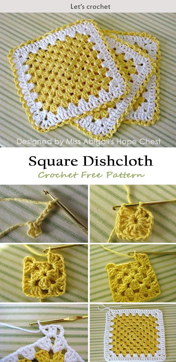 crocheted square dishcloths are shown in yellow and white