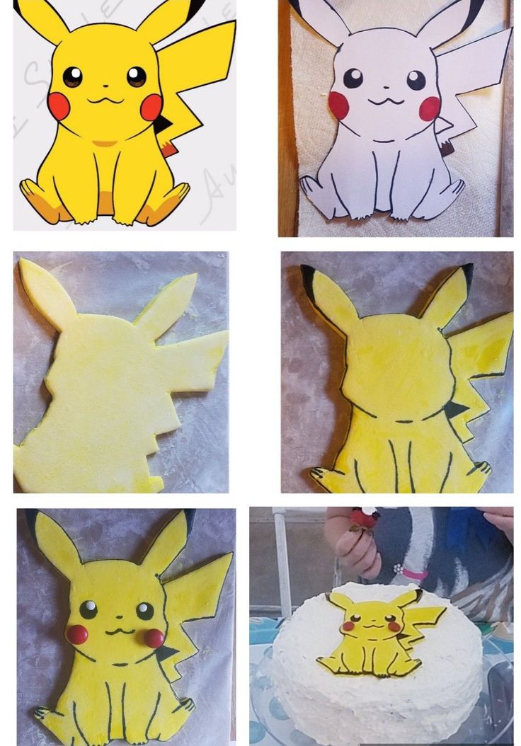 four pictures of different types of cakes with pikachu and eevee on them