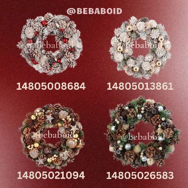 four christmas wreaths are shown on a red background with the words beadbidid below them