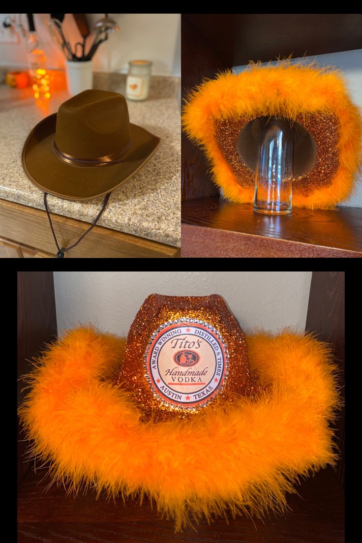 two pictures of hats with orange feathers on them, one has a cowboy hat and the other has a chocolate bar