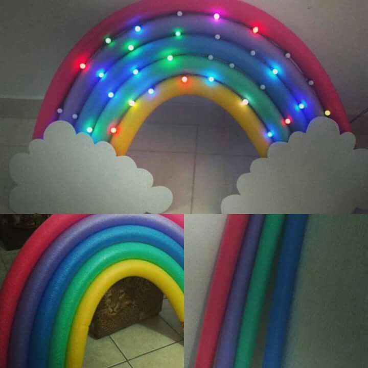 there is a rainbow shaped light up decoration on the wall and below it are several different colored lights