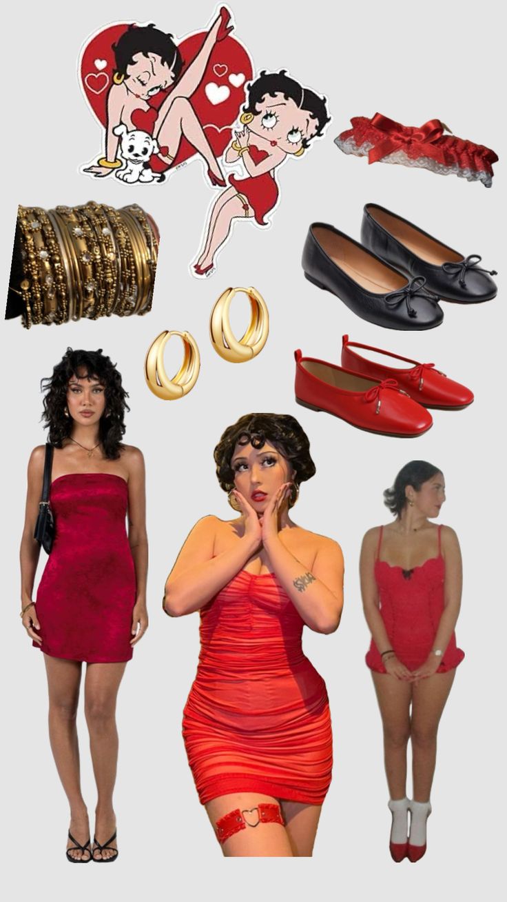 two women in red dresses are standing next to each other and some gold rings on their feet