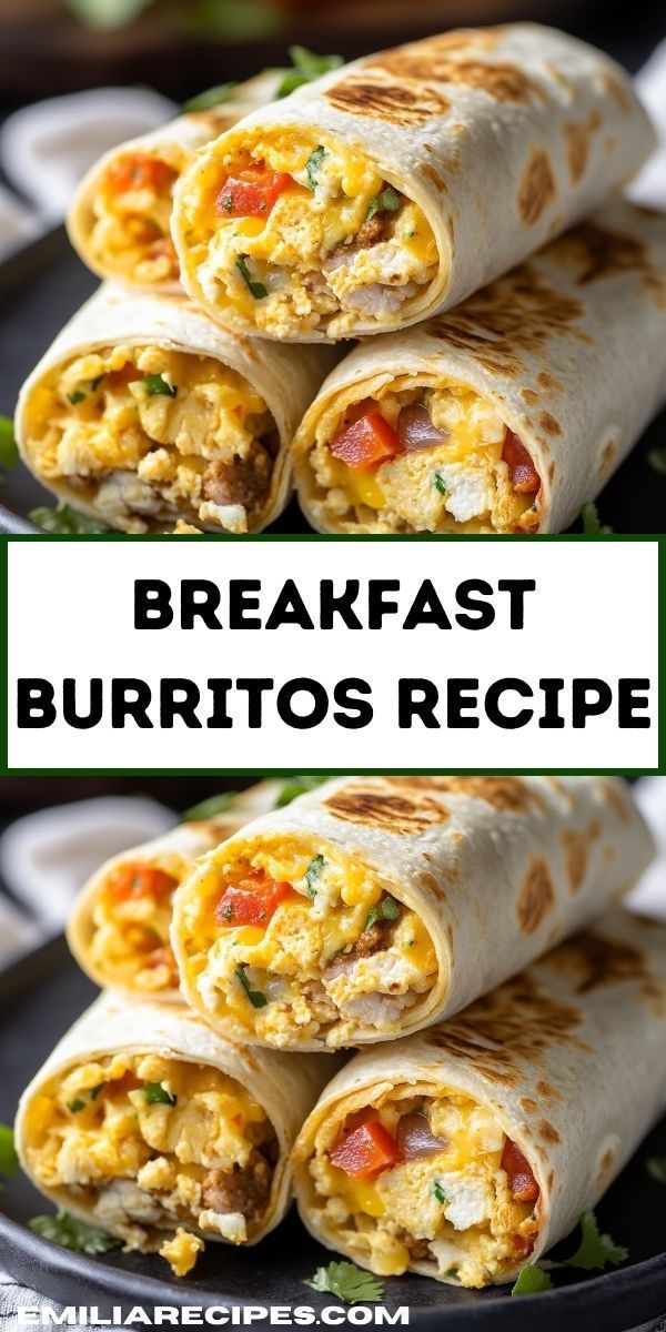 breakfast burritos stacked on top of each other with the words breakfast burritos recipe