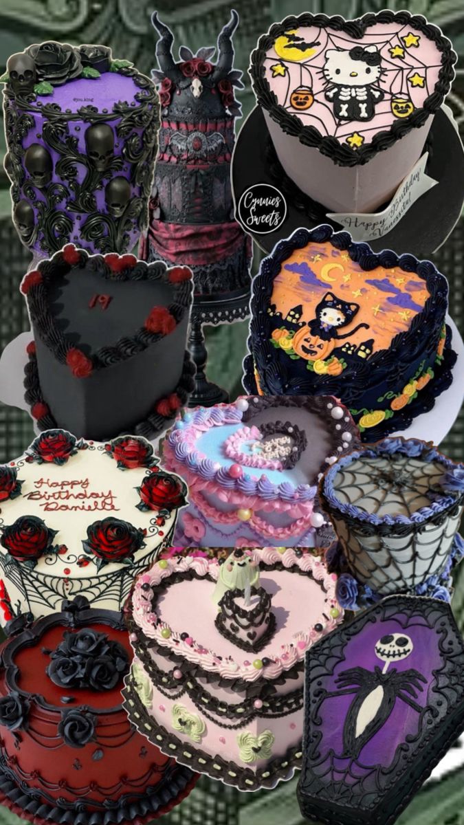 there are many different cakes on the table with skulls and roses all over them,