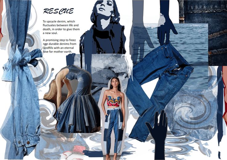 a collage of fashion items including jeans, dresses and shoes with an image of a woman in the background