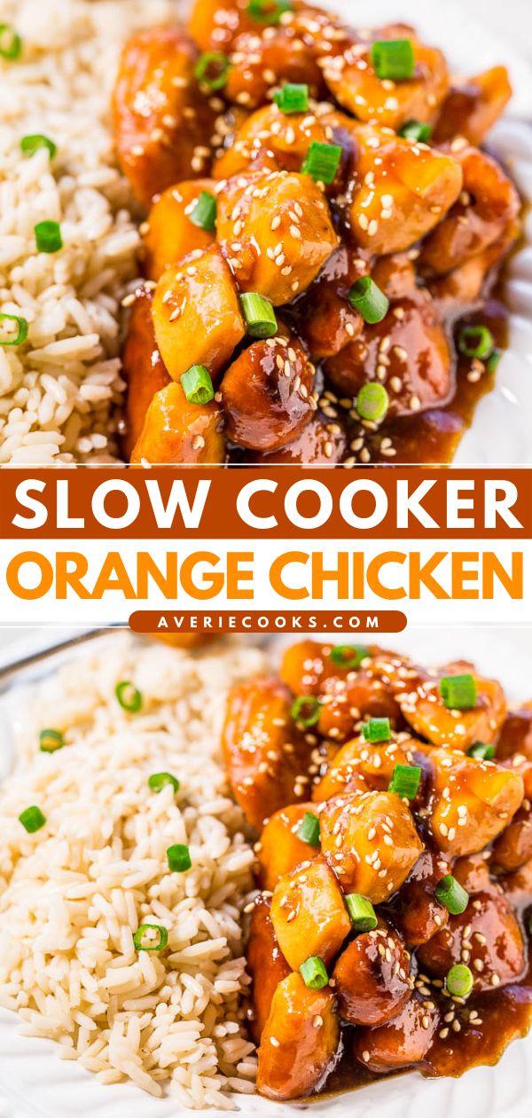 slow cooker orange chicken with rice and scallions on a white plate in the foreground