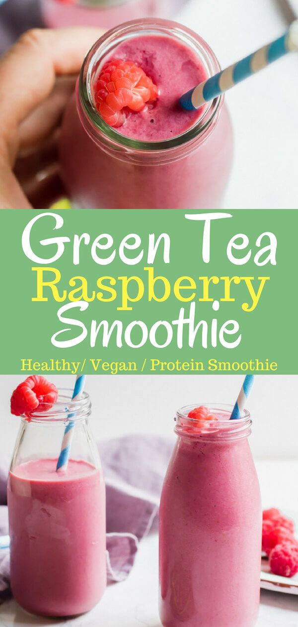 green tea raspberry smoothie in two jars with strawberries on top