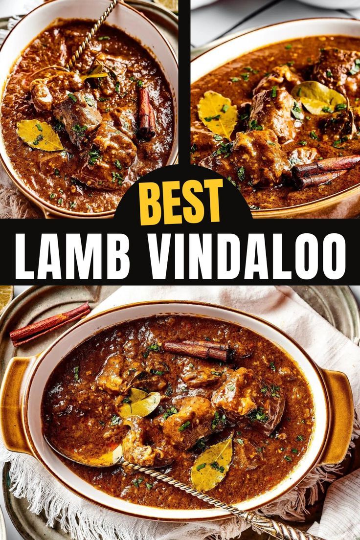 the best lamb vindalloo recipe is shown in three different images