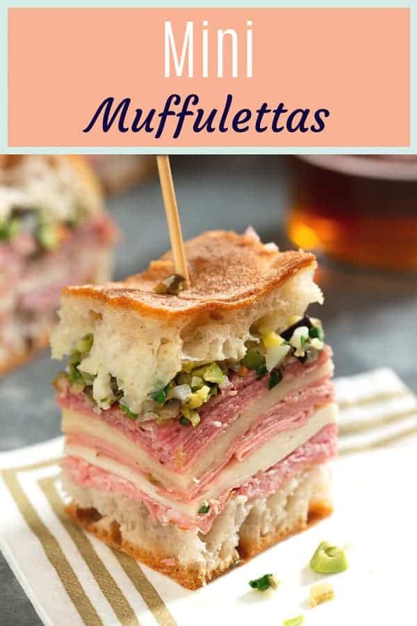 a close up of a sandwich on a plate with the words mini mufflettas