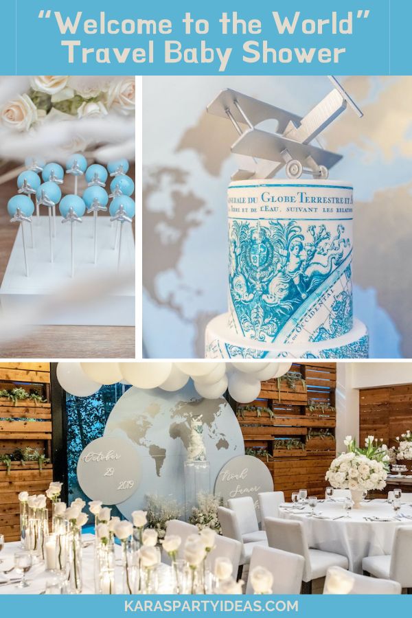 a blue and white travel baby shower with balloons, cake pops, and other decorations