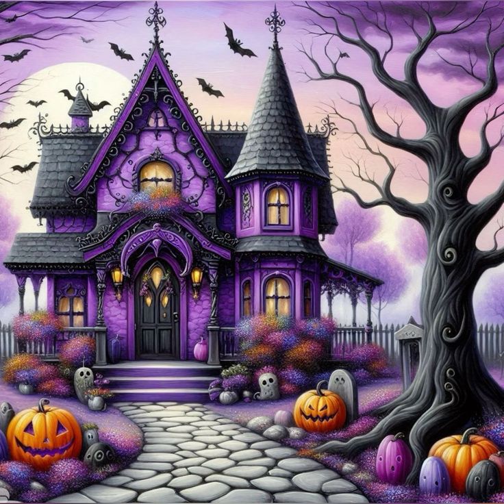 a painting of a purple house with pumpkins on the ground