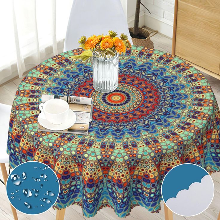 PRICES MAY VARY. Gorgeous Bohemian Designs: This boho tablecloth is printed with beautiful colorful detailed pattern, which will brighten up your dining room, living room and patio, bringing a refreshing touch. Note: the back of the tablecloth is white. Premium Material: This 60 by 60-inch table cloth is made of high quality 100% polyester woven silky satin fabric, which is wrinkle-free, stain resistant, water repellent and long-lasting. Colors won't fade thanks to new digital printing methods. Boho Tablecloth, Circular Patio, Circle Table, Mantel Redondo, Patio Dining Table, Colorful Table, Farmhouse Kitchen Decor, Chic Home, Patio Dining