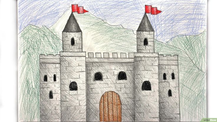 a drawing of a castle with red flags on top