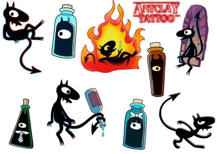 an image of various bottles with cartoon characters on them and fire in the back ground