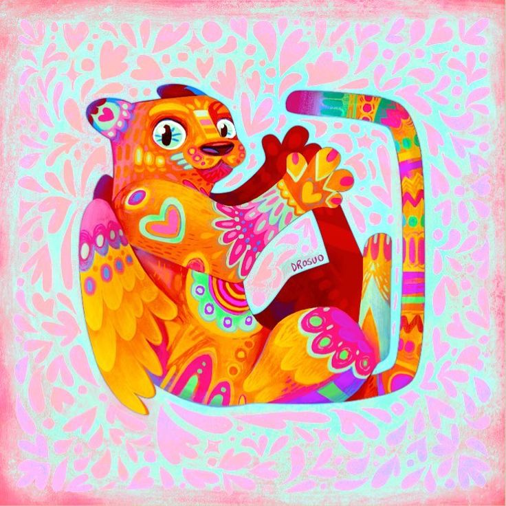 a painting of a colorful animal on a pink background