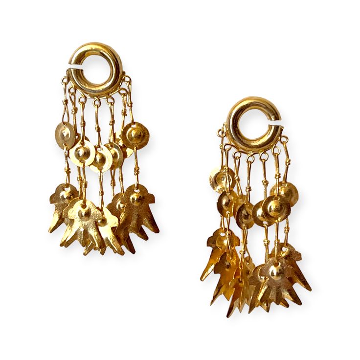 Cluster drop statement earrings - Sundara Joon Bohemian Style Dangle Clip-on Earrings, Brass Dangling Charms Drop Earrings, Gold Metal Chandelier Earrings With Dangling Charms, Yellow Gold Dangling Charms Earrings In Brass, Pierced Brass Dangle Chandelier Earrings, Brass Dangle Jewelry With Dangling Beads, Long Drop Brass Chandelier Earrings For Pierced Ears, Single Metal Dangle Earring, Brass Chandelier Earrings With Dangling Beads