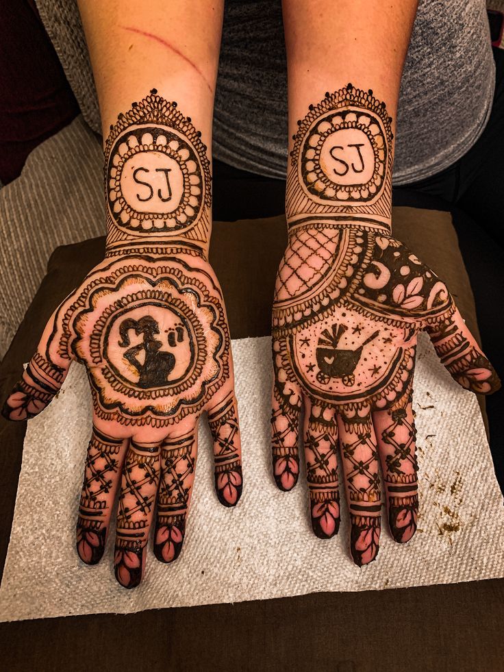 two hands with henna designs on them, one is showing the numbers and the other has