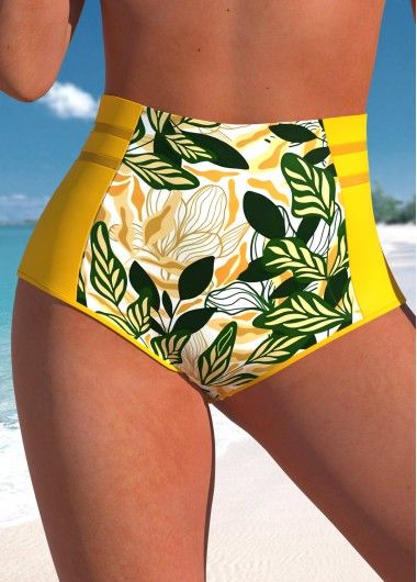 Color:Yellow;Size:S;Size:M;Size:L;Size:XL;Size:XXL;Package Contents:1 X Bikini Bottom; Trendy Swimsuits, Beach Look, Leaf Print, Leaf Prints, Women Swimsuits, Womens Swimwear, High Waisted, Mesh, Yellow