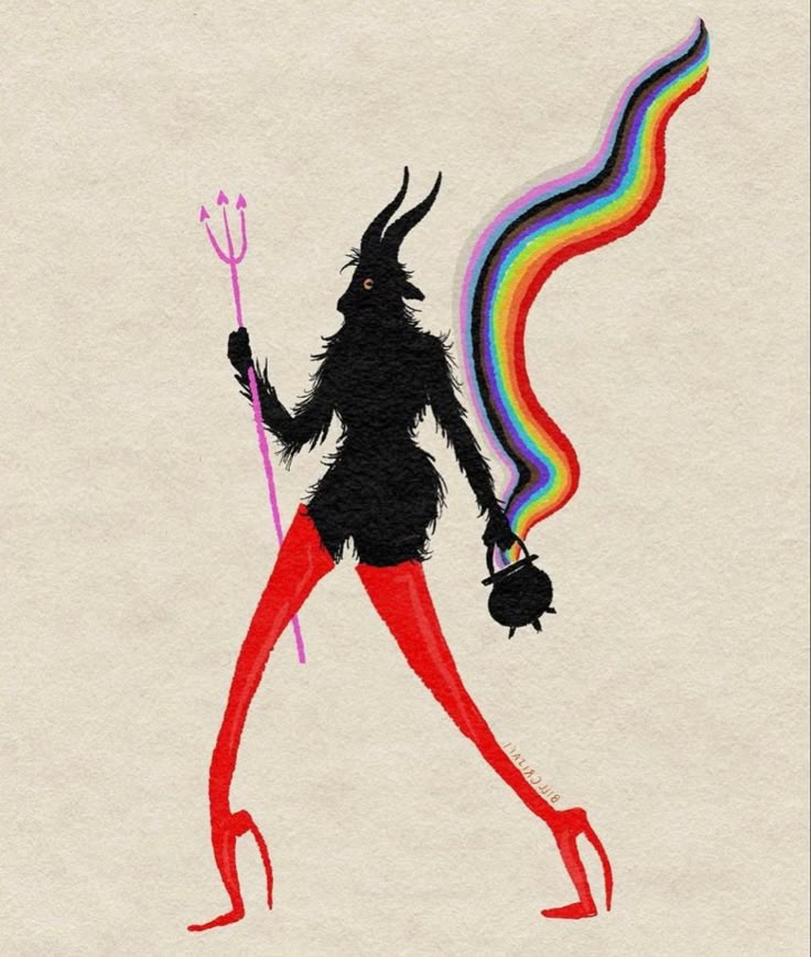 a drawing of a woman holding a pitchfork and rainbow streamers in her hand,