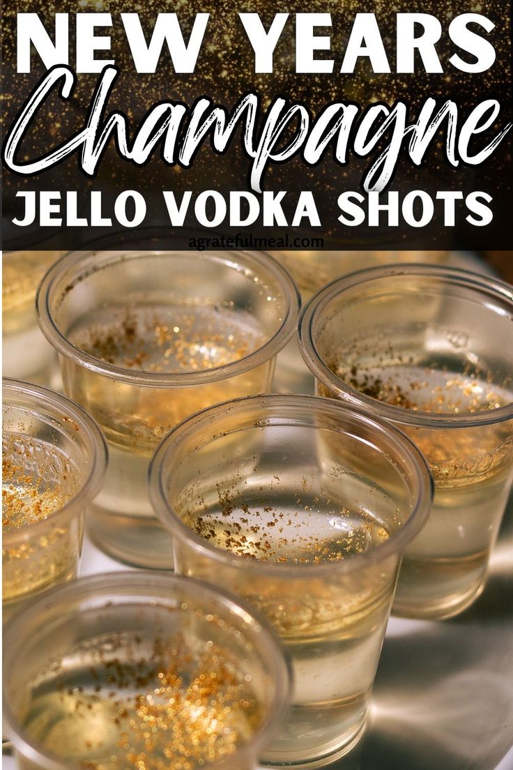 new year's champagne jello vodka shots on a tray with text overlay