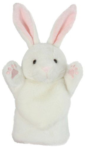 a white stuffed animal with pink ears and paws