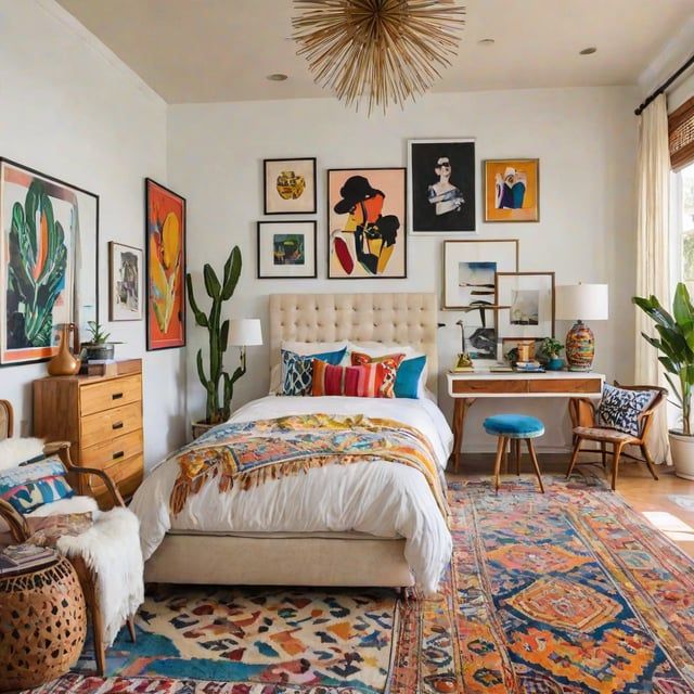 a bedroom with colorful rugs and pictures on the wall