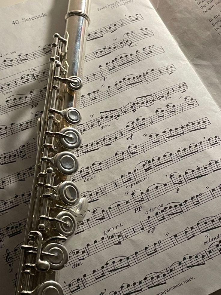 a silver flute sitting on top of sheet music