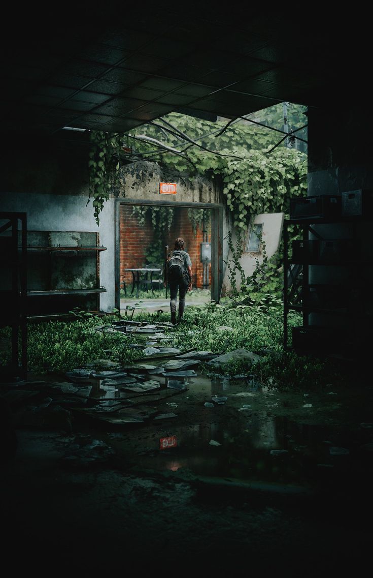 an elephant standing in the middle of a room with plants growing on it's walls