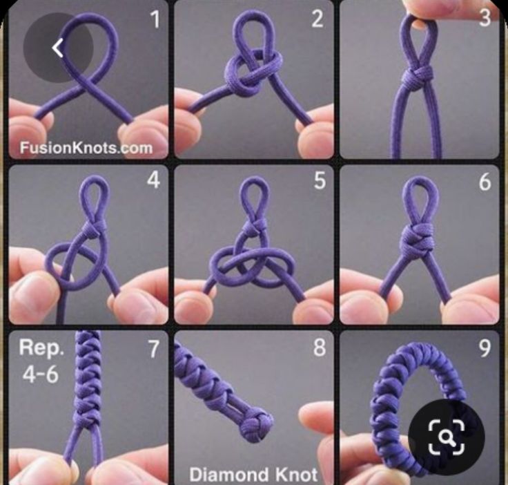 instructions to make an origami knot bracelet with purple thread and rubber band for the clasp