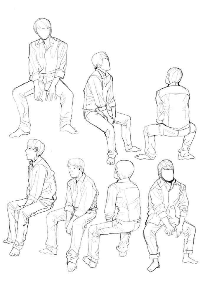 a drawing of people sitting and standing in different positions