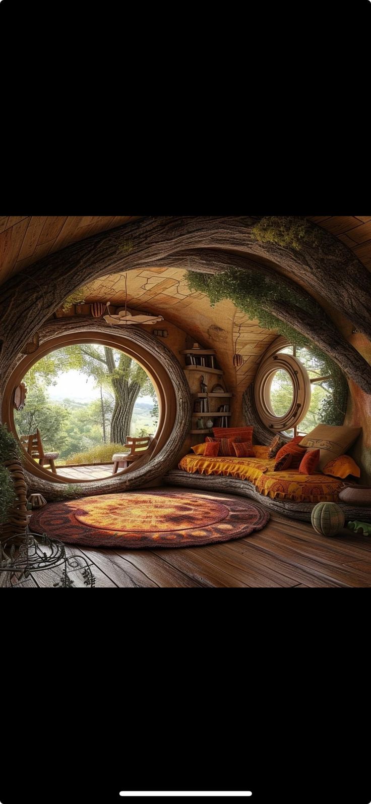 an image of a living room in a hobbot house with trees growing out of it