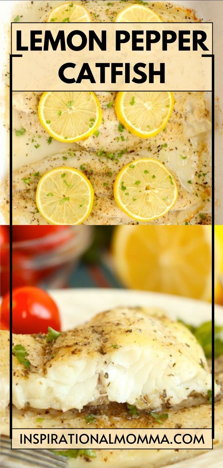 Collage of overhead shot of baked lemon pepper catfish topped with lemon slices in baking dish at top and closeup shot of lemon pepper catfish fillets on plate at bottom. Lemon Pepper Catfish Baked, Healthy Catfish Recipes Low Carb, Catfish Nuggets Baked, Lemon Pepper Fish Baked, Catfish Steak Recipes, Broiled Catfish Recipes, Catfish Recipes Baked Healthy, Keto Catfish Recipes, Baked Catfish Recipes Oven