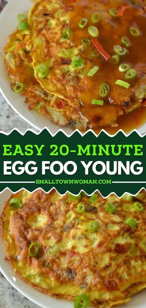 an egg omelet is shown with the words easy 20 - minute egg foo young