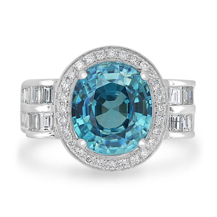 7.487ct  Blue Zircon Rings with 0.19tct Diamond set in 14K White Gold Blue Cubic Zirconia Ring With Halo Setting, Blue Cubic Zirconia Ring With Gemstone Accents, Blue Zircon And Diamond Ring, Blue Cubic Zirconia Crystal Ring With Center Stone, Blue Zircon Ring, Zircon Gemstone, Zircon Jewelry, Class Design, Zircon Ring