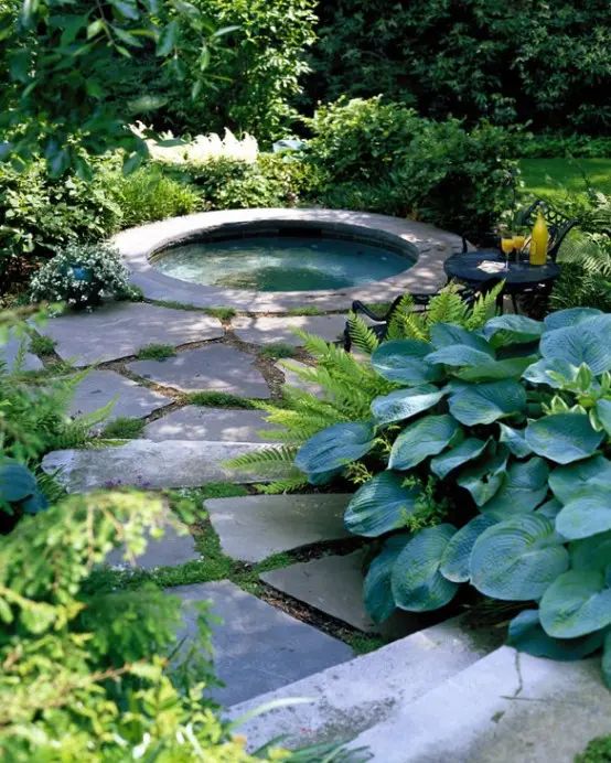 an outdoor garden with water and plants