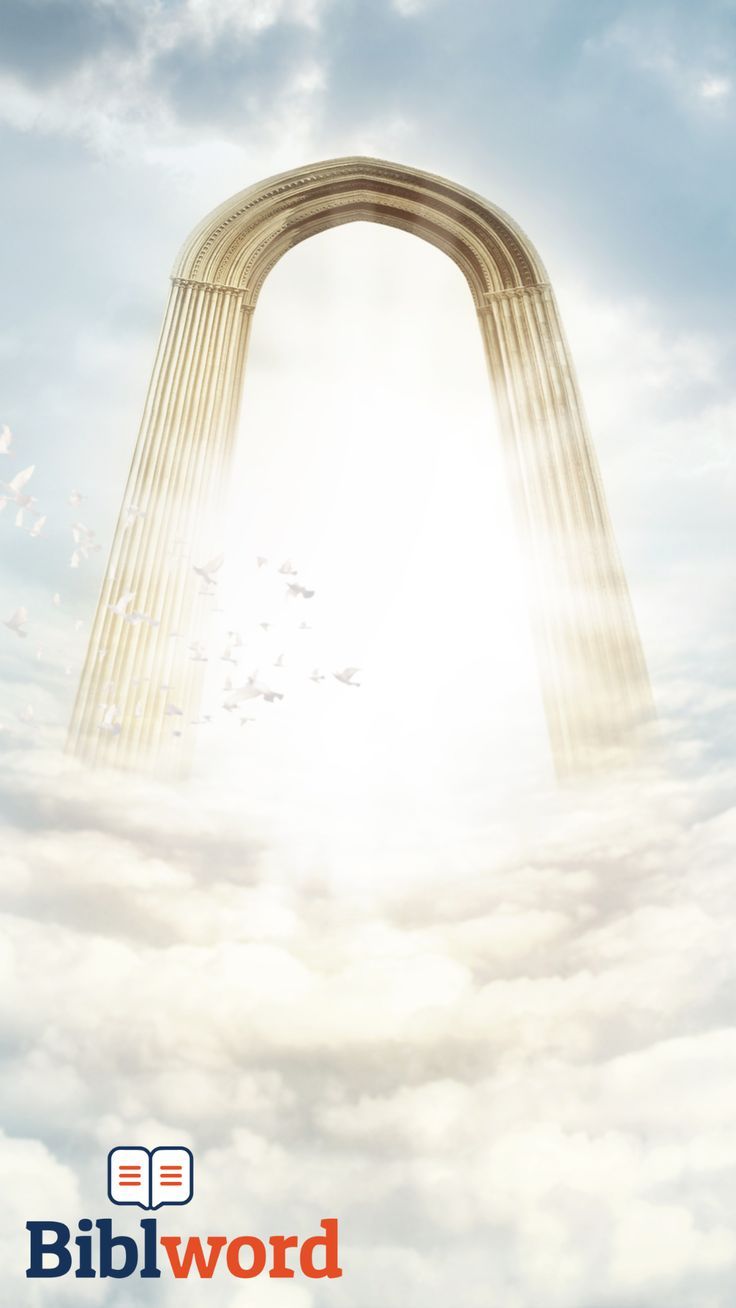 an arch in the sky with birds flying over it and words that read, bible word