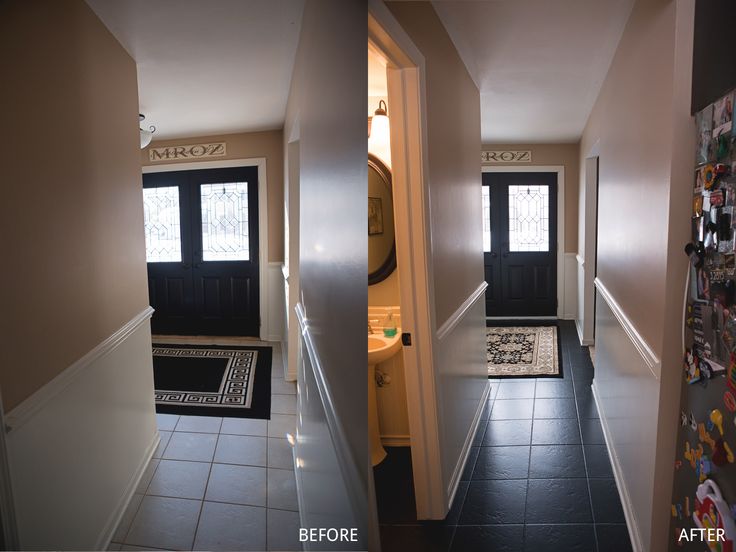 before and after photos of a hallway with black door, tile floor and white walls