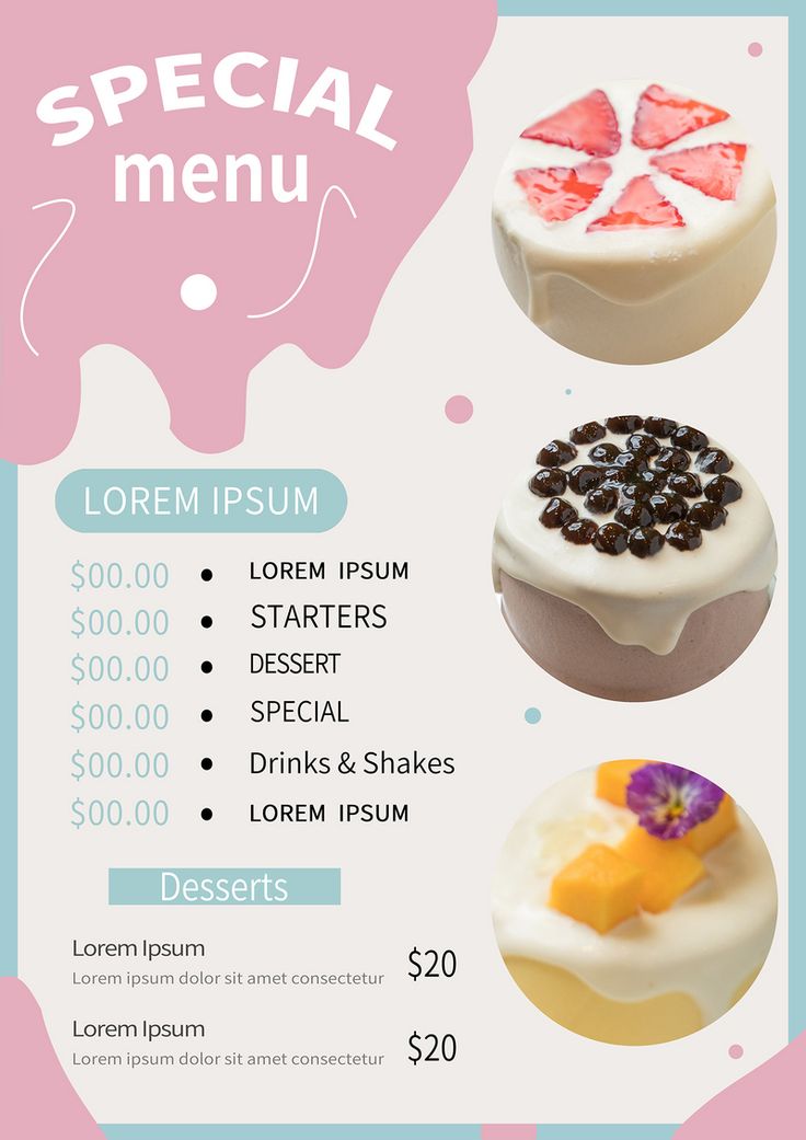 a menu for a dessert shop with three cakes and one piece of cake on it