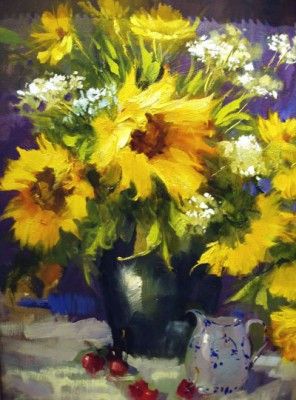 a painting of sunflowers in a vase and cherries