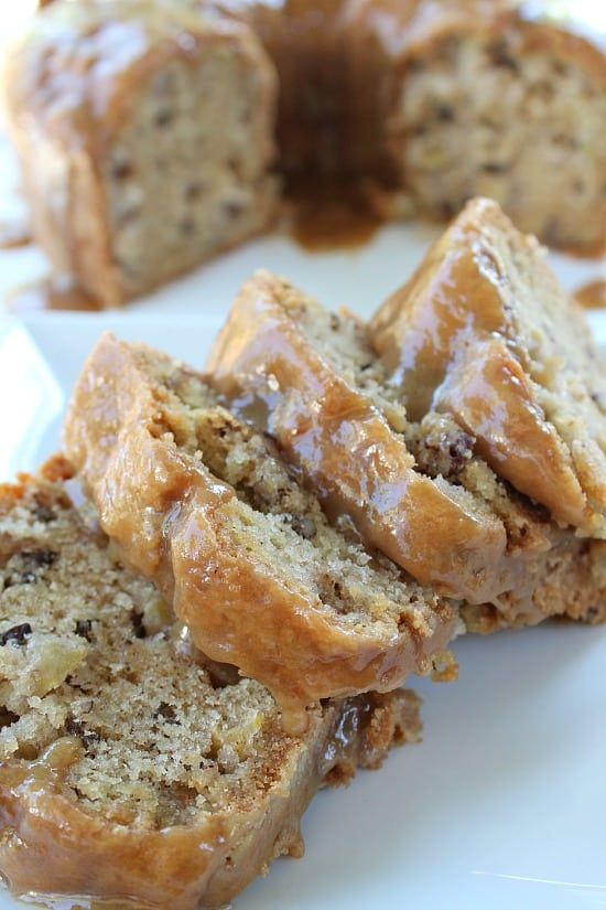 slices of banana nut bread on a white plate