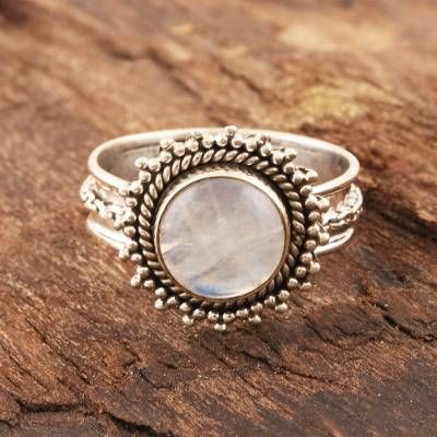 Sterling Silver and Rainbow Moonstone Cocktail Ring - Chained | NOVICA Bohemian Silver Moonstone Ring, Silver Mystical Moonstone Ring, Spiritual Moonstone Cabochon Ring, Adjustable Spiritual Moonstone Ring, Sterling Silver Round Moonstone Ring With Moon Phase, Bohemian Sterling Silver Cabochon Moonstone Ring, Adjustable Silver Moonstone Ring, Adjustable Moonstone Jewelry With Round Stone, Adjustable Silver Moon-shaped Moonstone Ring