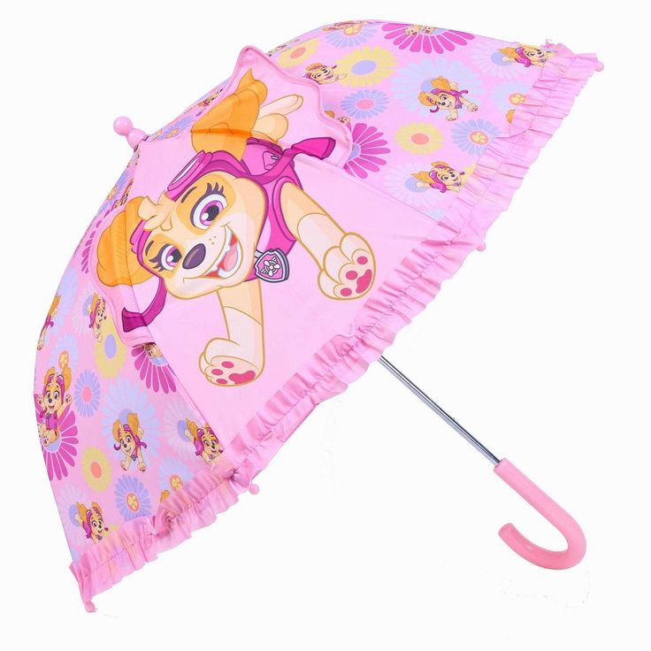 a pink umbrella with a cartoon character on it