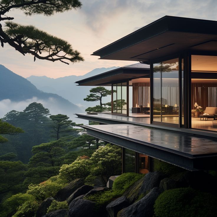 a house on top of a mountain with trees and mountains in the background