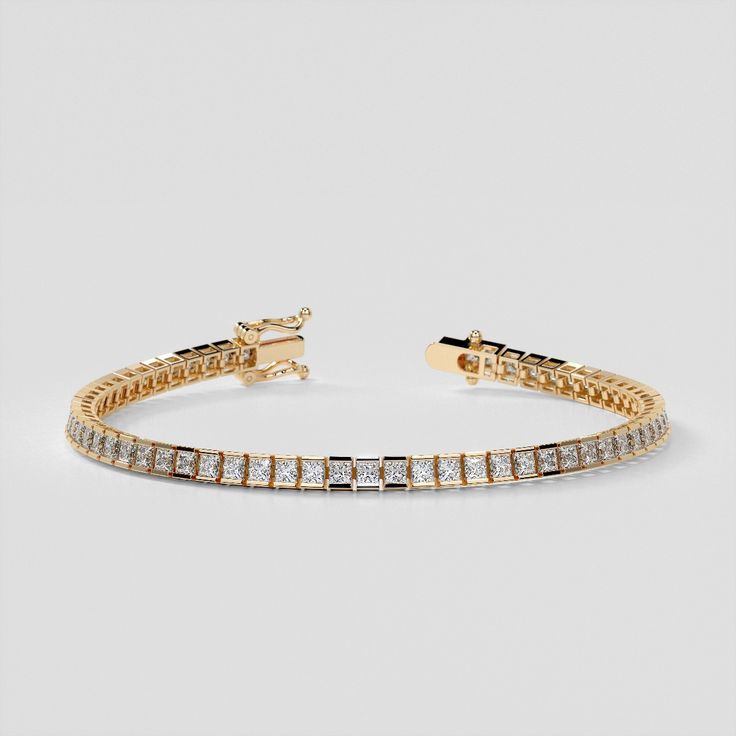 This stunning princess cut bracelet is sure to capture your attention. Beautifully set in a channel setting with a total weight of 6.80Ctw of Princess Cut Simulated Diamonds, this bracelet beams with classic elegance. Secured by a tongue style clasp to keep your treasure secured and leave your shinning worry free. 6.80Ctw Princess Cut Channel Set Tennis Bracelet;  Stone Clarity:VVS-1;  Available in:14K White or Yellow Gold;  Length: 7 inches;  Model: B3196A; Classic Baguette Cut Tennis Bracelet, Elegant White Gold Tennis Bracelet With Channel Set, Elegant White Gold Tennis Bracelet Channel Set, Classic White Gold Tennis Bracelet, Classic Tennis Bracelet With Baguette Diamonds, Classic White Gold Diamond Bracelet, Rectangular Shape, Classic White Gold Diamond Bracelet With Rectangular Shape, Elegant Cubic Zirconia Diamond Bracelet Channel Set, Classic Rectangular Diamond Bracelet With Brilliant Cut