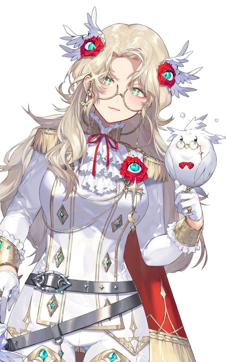 an anime character with long blonde hair and blue eyes, holding a white bird in her hand