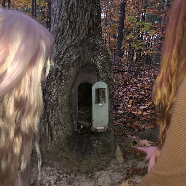 two women standing in front of a tree with a small house built into the trunk