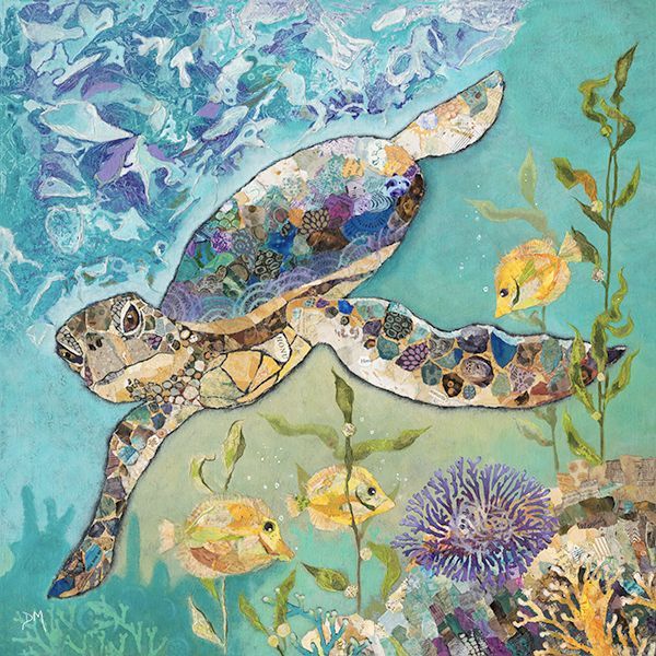 a painting of a turtle swimming in the ocean surrounded by seaweed and other marine life