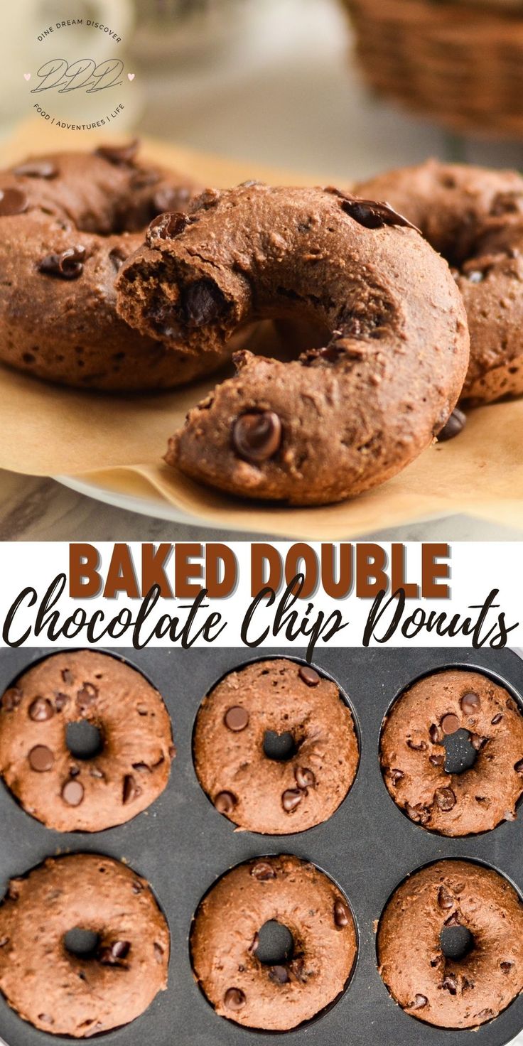 baked double chocolate chip doughnuts in a muffin tin and on a baking sheet