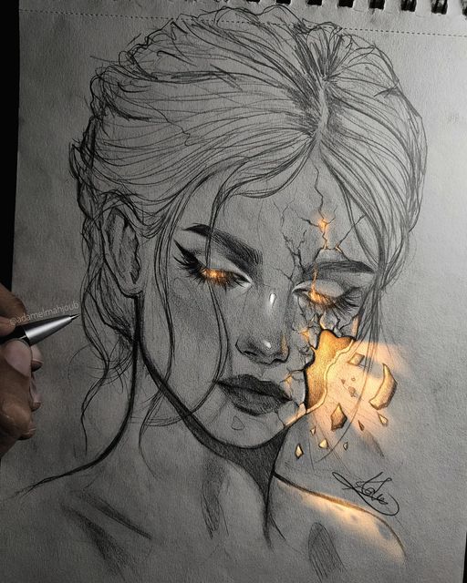 a drawing of a woman's face is shown with the light shining through her eyes